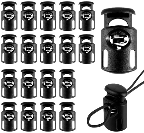 Nogeqi 20 Pcs Black Cord Locks for Drawstrings, Plastic Toggle Shoelace Locks, Double Hole Slider Draw String Clip for Sweatpants Hoodie Hat Paracord Glove Locks