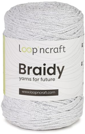 Cordino morbido per borse ad uncinetto in cotone riciclato, cordoncino 2 mm, 250gr al gomitolo, 250 metri, per borse ad uncinetto, progetti creativi e hobby (Bianco e Lurex Argento)