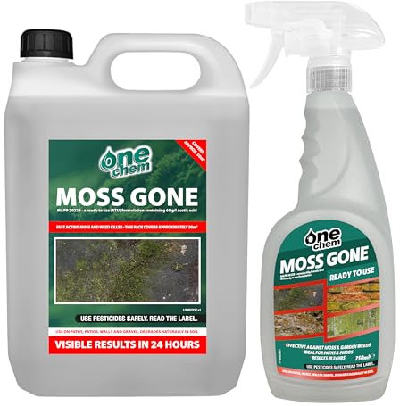 One Chem Moss Gone Moss Killer, 5 Litres and 750 ml, For Paths, Patios, Roofs, Walls, Tarmac, Gravel