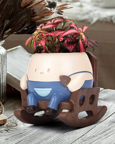 NINNSSOT Smiley Face Planter Pots, Resin Cute Flower Head Planters for Indoor Outdoor Plants, Small Rocking Chair Flower Pots Succulent Pot Gifts Ideas for Mother and Christmas with Drainage Hole