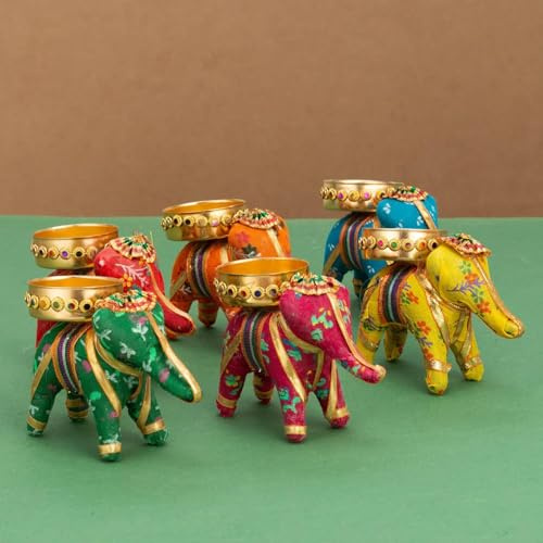 ZIG ZAG Handcrafted Elephant Tealight Candle Holder Set of 5 for Home Decor, Diwali, Pooja, Church, Christmas, and Festive Celebrations - Multicolor (8 x 5 x 10 cm)