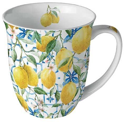 Ambiente Porzellan Tasse ca. 400ml Becher Bone China Mug Für Tee Oder Kaffee Frühjahr Sommer Toscana Mediterranean lemons