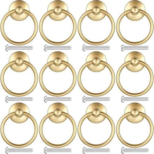 Roellgs 12PCS Vintage Drawer Handles, Retro Ring Drawer Knobs, Kitchen Cabinet Cupboard Door Ring Pull Handles, Antique Style Furniture Pull Handles (Gold)
