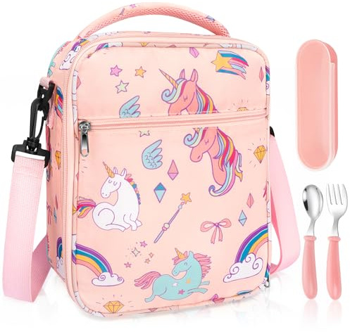 Jokureao 2Pcs Kids Insulated Lunch Bag Set, Thermal School Cooler Bag with Utensils, School Lunch Bags, Reusable Toddler Cooler Lunchbox Bags, Leakproof Lunchbox for Boys & Girls