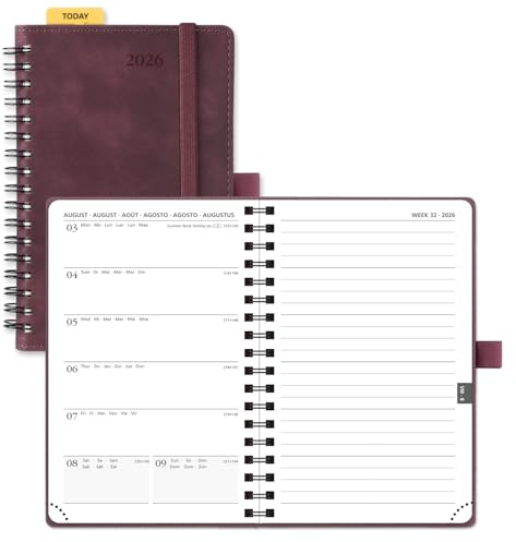 POPRUN Taschenkalender 2026 Klein Ringbuch mit Softcover, ca. A6 (16 x 10,5 cm) - Kalender 2026 Buchkalender Notizbuch (Jan.2026-Dez.2026) mit 100 GSM Papier - Weinrot