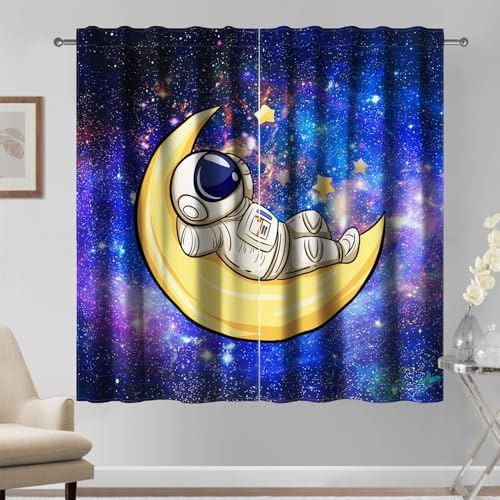 Kzzfqxb Cortinas Infantiles 117x138cm 2 Paneles, Universo Galaxia Astronauta Dormir en la Luna, con Dibujos Animados de ensueño para Dormitorio Infantil Sala de Estar y guardería