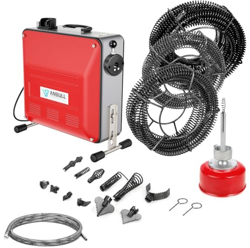 Anbull 850W elektrische Rohrreinigungsmaschine mit 14m Ø22mm,23.5m Ø16mm | 5m Ø10mm Spirale für Ø20-200 mm Rohrleitungen,230V Rohrreiniger, rohrreinigungsspirale,Riemenantrieb