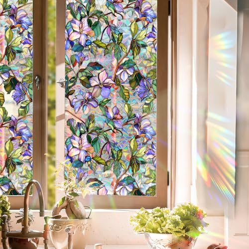 Yeysynana Fensterfolie, dekorativ, violette Blumen, gebeizte statische Glasfenster, Aufkleber für Zuhause, Büro, Wohnzimmer, Schlafzimmer, Glasfenster, Türdekoration, 42 x 100 cm