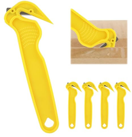 UIHRLM Yellow Box Cutter Safety Knife 5PCS, Portable Handheld Hook Film Strapping Cardboard Cutters Tool with Non-Slip Grip for Home Warehouse Work Boxes Cutting Opening, No Exposed Blade
