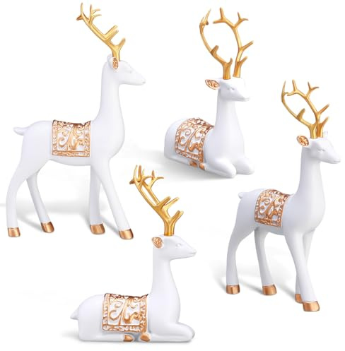 Soulchen 4 Pcs Christmas Reindeer Figurines Sitting Standing Deer Statue Small Reindeer Decor Christmas Resin Elk Sculpture Tabletop for Home Indoor Xmas Decor Table Entrance Centerpiece(White, Gold)