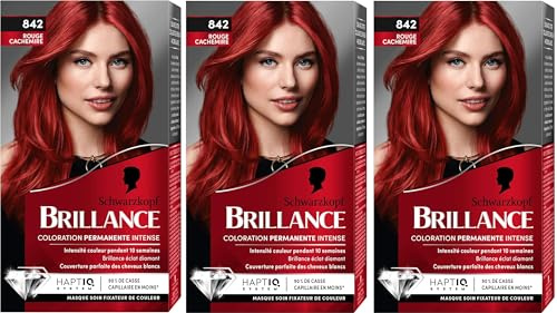 Schwarzkopf - Lot de 3 Brillance - 842 Rouge Cachemire - Coloration Cheveux Permanente Intense - Eclat Diamant - Cheveux Brillants - Couvre 100% des Cheveux Blancs - Soin Nourrissant Inclus