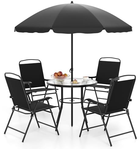 COSTWAY Set Mobile Giardino 6 Pezzi con Ombrellone e Tavolo in Vetro | Set Bistro con 4 Poltrone Pieghevoli per Giardino, Terrazza, Prato e Cortile
