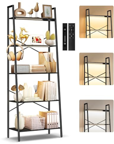 OUTONLIFE 5-Tier Wide Ladder Shelf with LED Lights, Touch & Remote Control, 3 Color Temperatures, Dimmable Tall Corner Standing Bookcase, Metal Wood Display Shelf for Living Room, Bedroom(Black)
