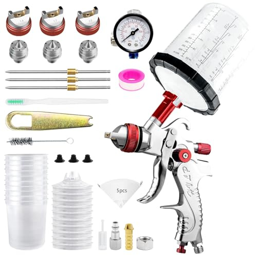 HVLP Professionnel Pistolet à Peinture avec 10 gobelets jetables de 650 ML, Pistolet Peinture Air Comprimé 3 Buses 1,4/1,7/2,0mm et Accessoires, HVLP Meubles Voiture de réparation (Rouge)