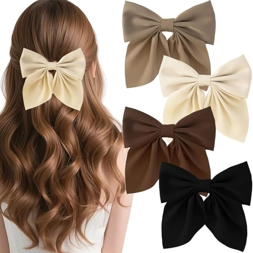 4 Haarschleifen FüR Damen, Kurze Haarspangen Mit Schleifen, SüßE Haarschleifen Aus Seidigem Satin, Haarspangen Mit Schleifen FüR Damen (Schwarz, Weiß, Dunkelbraun, Hellbraun)