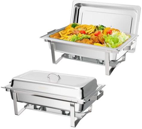 Bonnlo Chafing Dish Buffet Set, 2 Pack 9L Stainless Steel Warming Containers, Food Warmer Buffet Server for Dinner, Parties, Camping - Silver