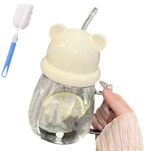 Bear Straw Cup - Cute Bear Shaped Mug,Water Bottle Mugs with Lid and Straw,Animal Shaped Cups for Coffee Milk Drinks Home Office (Milky White)