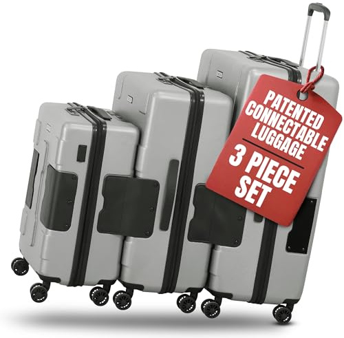 TACH Patented Connecting Hard Shell 3 Piece Luggage Set - 20, 24 & 28 inch Luggage | Carry-On, Medium & Large Rolling Suitcases - Silver