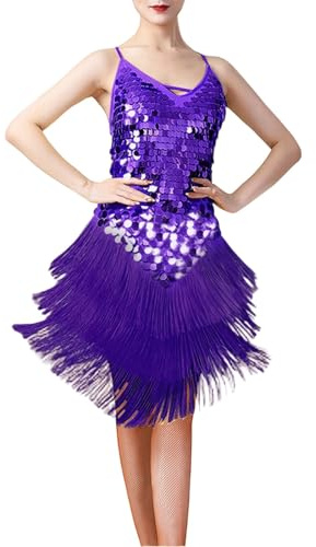 Generisch Elegant Sequin Fringe Evening Dress for Latin Dance Show Festive Stage Performance, purple, One Size