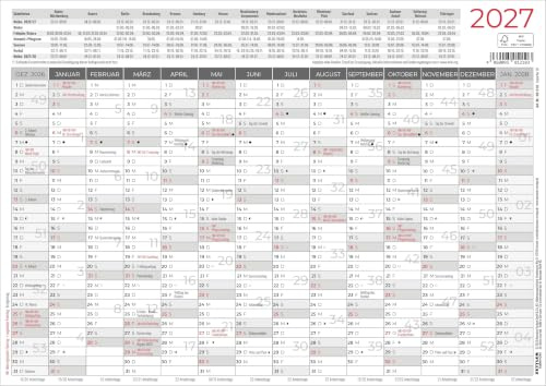 Kleiner Wandplaner 1 Stk. gerollt 2027: Jahresübersicht 70x50 cm 1 Stück gerollt mit 14 Monaten auf einen Blick, Feiertagen, Ferienterminen & Mondphasen ideal für Büro, Schule & Zuhause