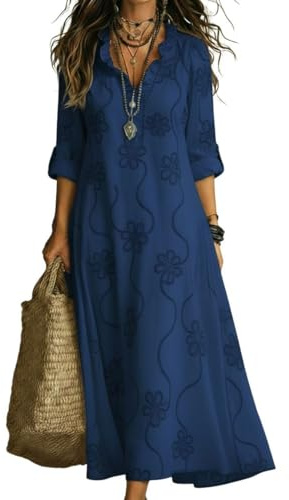 Suncadmious Abito Camicia Estivo da Donna in Stile Boho con Volant, Ricami Floreali e Maniche Lunghe Risvoltate—Tunica Casual Lunga da Spiaggia (Blu marino,M)