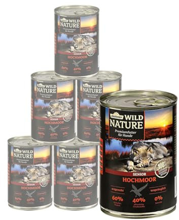 Dehner Wild Nature Hundefutter Hochmoor, Nassfutter getreidefrei / zuckerfrei, für ältere Hunde, Ente, 6 x 400 g Dose (2.4 kg)