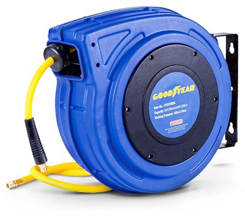Goodyear Air Hose Reel Retractable 9.5mm x 20m Hybrid Polymer Hose Max 20BAR Commercial Polypropylene Construction w/Lead-in Hose and PVC Handle