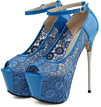 getmorebeauty Women's Lace Flower Strappy Hollow High Heels (US 8, Blue)