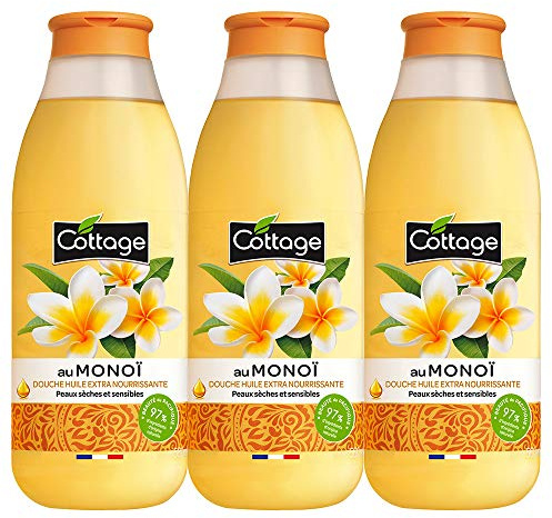 Cottage Extra närande monoi-duscholja för torr och känslig hud, 97 % ingredienser av naturligt ursprung, monoid, 560 ml - 3-pack