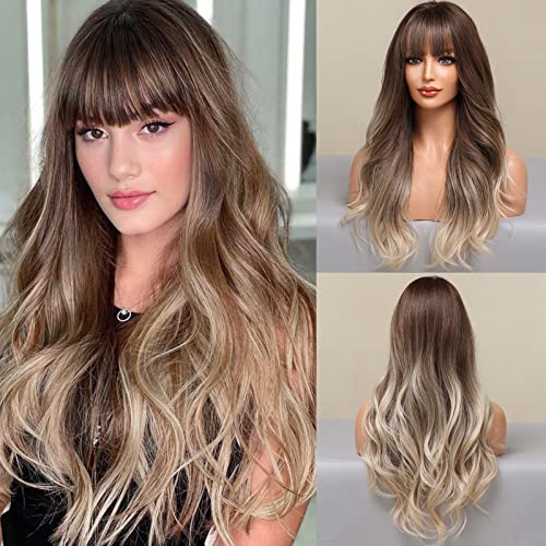 HAIRCUBE Ash Blonde Perücke mit Pony Lange Ombre Braun bis Blonde Lockige Perücken für Frauen Natürliche Kunstfaserperücke für den täglichen Gebrauch (pelucas de cabello natural)