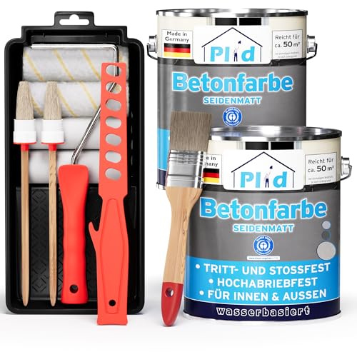 Plid Betonfarbe Kieselgrau Seidenmatt 5 L Set - Bodenfarbe für Beton | Flüssigkunststoff Bodenbeschichtung | Kellerbodenfarbe | Innen & Außen | ca. 50 m² | UV-beständig | Made in Germany