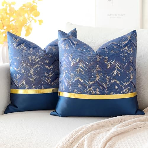 Artscope 2er Set Kissenbezug für Sofa Auto Schlafzimmer Luxuriöser Moderne Minimalist Goldenen Ledernähten Wellenstreifen Dekokissen Kissenhülle Kissen Fall 40x40cm (Navy Blau)