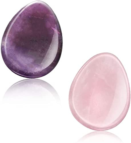 2 paquets de pierre de souci pour l'anxiété, ensemble de cristaux de guérison naturels en quartz rose et améthyste, pierre de paume de poche pour l'anxiété et le stress, forme de goutte d'eau.