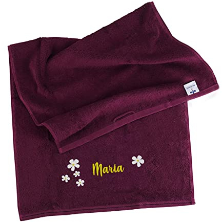 Herz & Heim® Besticktes Handtuch mit Namen und Blumen, Brombeere, 100% Baumwolle, 500g/m² 70 x 140 cm