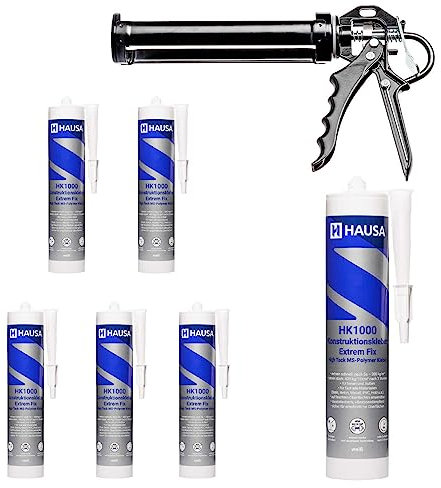 HAUSA Colle de Construction Polymère MS Haute Tack HK1000 avec Presse à Cartouche Colle de Montage 400kg/10cm² après 3h pour Construction Intérieure et Extérieure Colle Tout Usage 6x 290ml Blanc