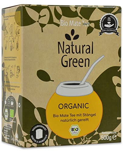 DELICATINO Bio Yerba Mate Tee - Natural Green ORGANIC 3 x 500g - ungeräucherte Mateblätter + Stängel OHNE Pulver, natürlich gereift, Vakuumverpackung