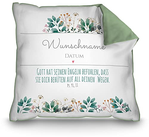 Print Royal PR Kissen zur Taufe mit Name & Datum - Blumen - Gott hat seinen Engeln befohlen - Grün - Geschenke zur Taufe, personalisierte Taufgeschenke | mit Kissenfüllung, Rückseite Grün