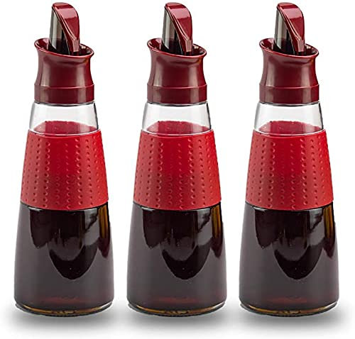 TONZN Vinegar Bottle Anti-Leakage, Modern Olive Oil Dispenser, Glass Cooking Oil Vinegar Cruet Set Bottle with Automatic opening and closing Pouring Spouts (Red 3Pack)