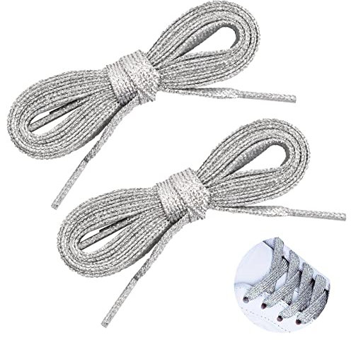 Vesaneae 2 Paar Flach Sneaker Schnürsenkel, 115cm 11mm Reißfest Ersatz Schuhbänder, Glitzer Schnürsenkel für Sneakers, Sportschuhe, Laufschuhe, Turnschuhe für Damen Herren (Silber)