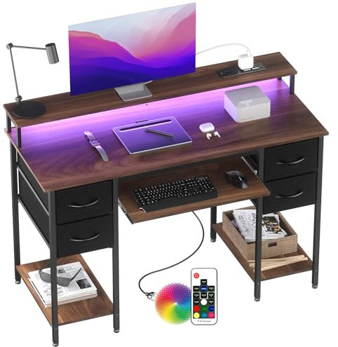 BEXEVUE Gaming Schreibtisch mit Steckdosen LED - 120x50 cm Moderner Computertisch mit Tastaturablage, 4 Umkehrbare Schubladen, Großes Lagerregal zum Lernen Spielen Arbeiten Schlafzimmer Heimbüro