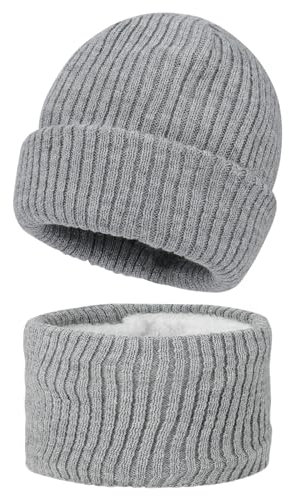 MASOCIO Wintermütze Baby Mütze Schal Set Kinder Junge Mädchen Winter Herbst Warme Babymütze Kindermützen Loop Strickmütze 1 2 Jahr Fleece Beanie Hat 6-24 Monate Grau (Herstellergröße S)