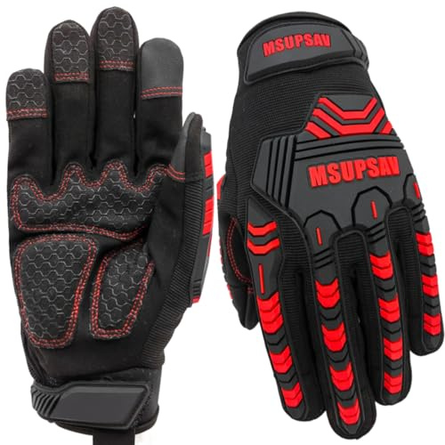 MSUPSAV Heavy-Duty Work Gloves,Synthetic Leather Impact Protection Mechanic Rigger Glove,High Dexterity,Vibration Reduction,Touchscreen,Large,Red+Black