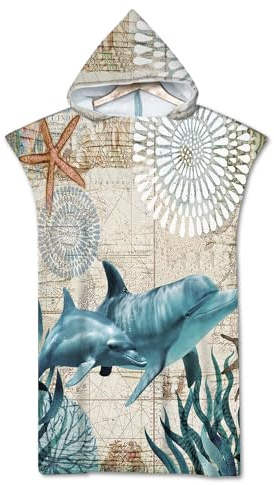 Rowjoy Telo mare poncho, oceano animale, stampa surf, blu subacqueo, telo mare con cappuccio, asciugamano poncho ad asciugatura rapida per adulti (Whale2-75 x 110 cm), Row-1