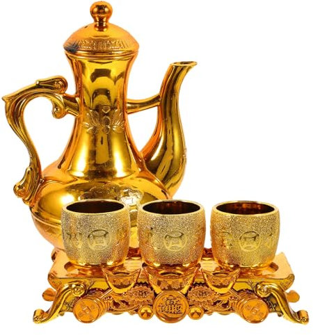 Luxshiny Turkish Coffee Tea Pot Set Gold Holy Water Kettle Shot Glass with Saucer Arabic Tea Pitcher Buddhist Offering Cup Goblets Worship Chalices