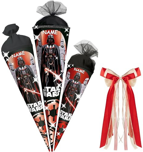 alles-meine.de GmbH Schultüte - mit Glitzer Folie - Star War - 35-85 cm - Größe wählbar - Holzspitze wählbar - inkl. Name + Bänder Schleife - Zuckertüte - Tüll - oder Filzabsch..