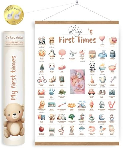 HuBorns - Poster Mis Primeras Veces para Recordar los Hitos Más Importantes de Tu Bebe, Perfecto como Regalo para Bebes Recien Nacidos, Incluye Listones de Madera para Colgar y Espacio para 1 Foto