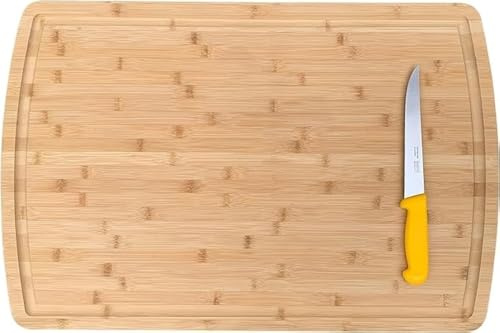 VORVIL Extra Large Bamboo Cutting Board for Kitchen Meal Prep and Counter Protection with 3 Stainless Steel Chef Knifes, Extra Large, Thick and Heavy Duty, Deep Juice Groove (91 x 60 cm)