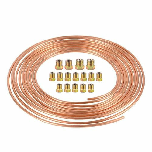 Ragyzity Brake Pipe Copper Coated Steel Tubing 25Ft 1/4, Automotive Replacement Brake Lines Kit with 16 Nuts Fittings, Car Replacement Brake Hose Line Kit, Car Inner Steel Brake Oil Pipe