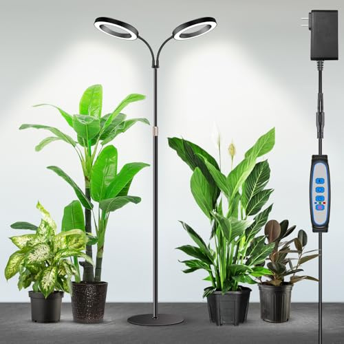 Garpsen Halo Grow Lights, Dual-Head 6000K LED Floor Plant Light with Base | Full Spectrum 168LEDs Grow Lamp, 3 Color Modes, Timer 6/12/16H, 5 Dimmable Levels, 67'' Adjustable Height, Gooseneck