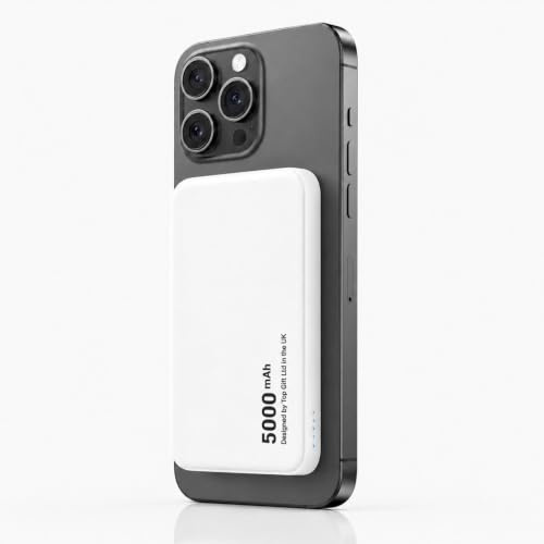 WYE 5000mAh Magnetic Wireless Power Bank, Slim MagCharge External Battery Pack with 20W PD Type-C Fast Charger Port, Pocket Battery Bank Charger for iPhone 16 15 14 13 Plus Pro Max - White